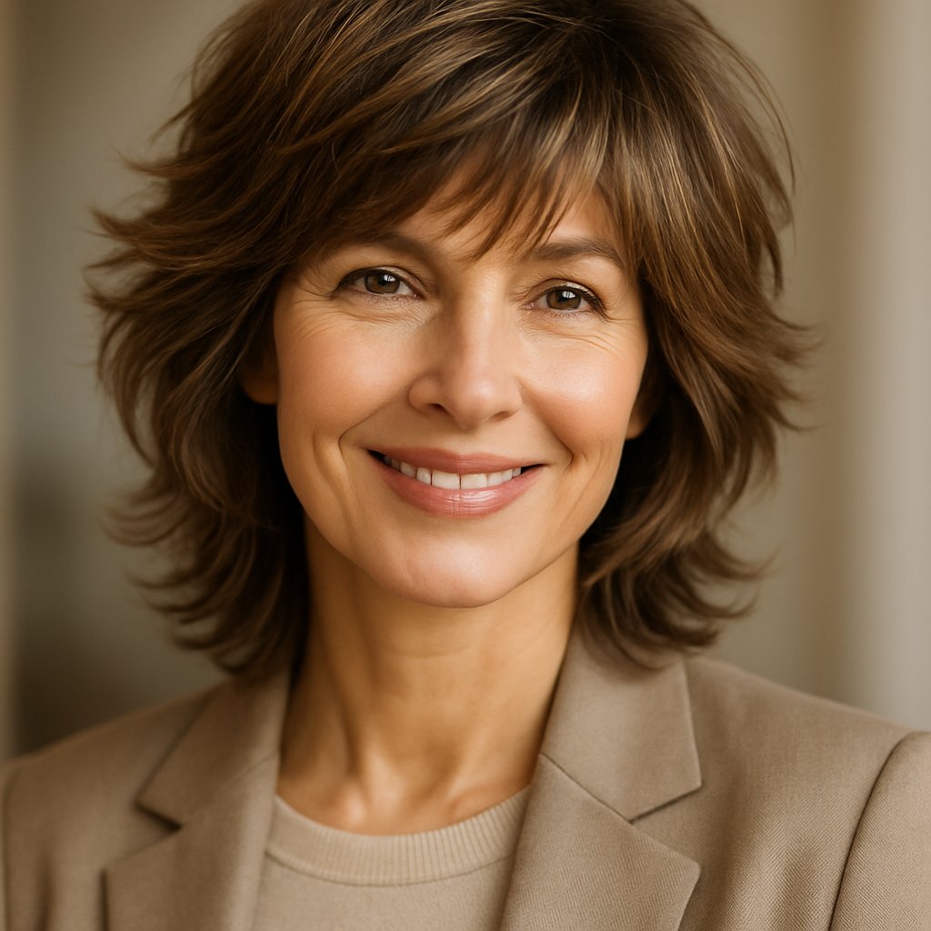 A smiling woman over 45 with layered hair styled for volume and movement, looking confidently at the camera.