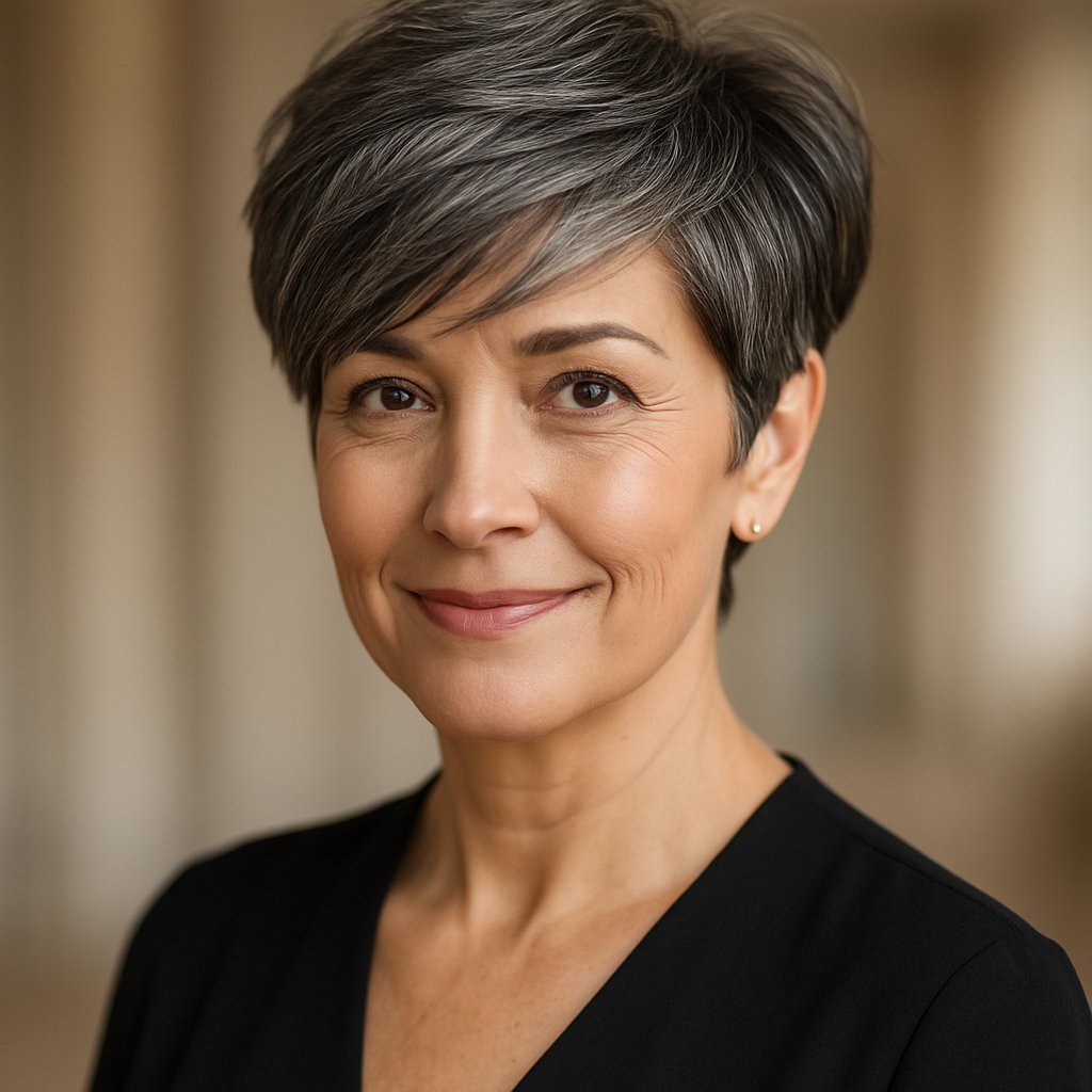 A smiling woman over 45 with short layered hair, looking confidently at the camera against a softly blurred background.