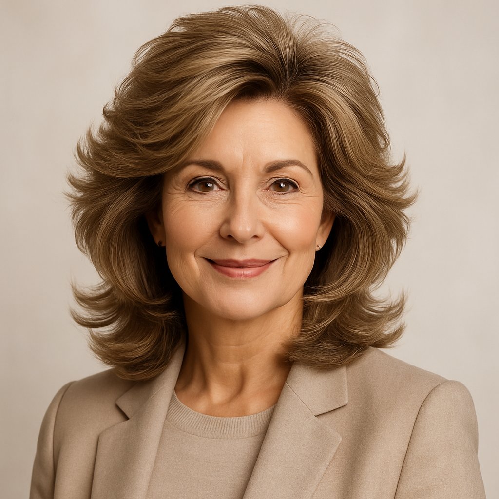 A smiling woman over 45 with voluminous layered hair posing against a plain background.