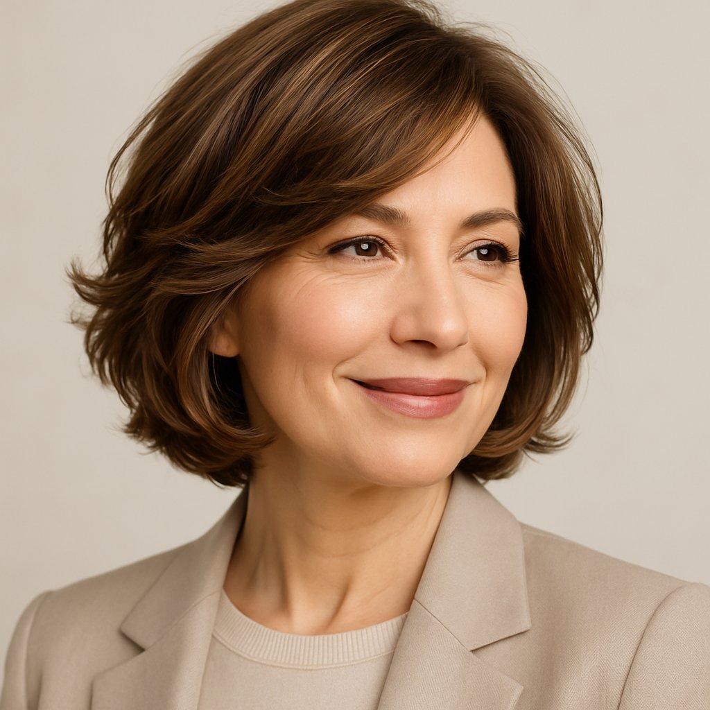 A smiling middle-aged woman with a layered bob hairstyle featuring soft waves, posing in a studio with a neutral background.