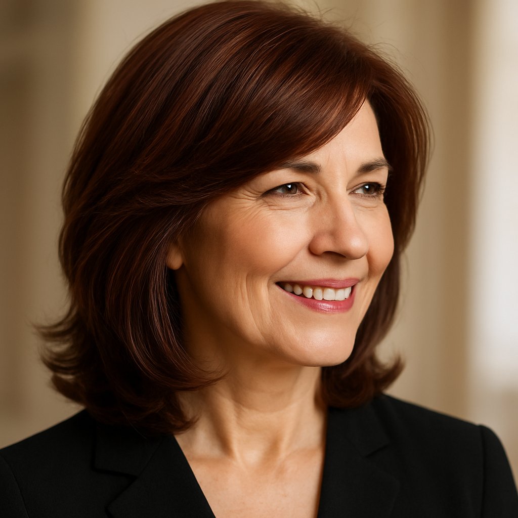 A smiling mature woman with shoulder-length layered chestnut hair, photographed from the side against a softly blurred background.