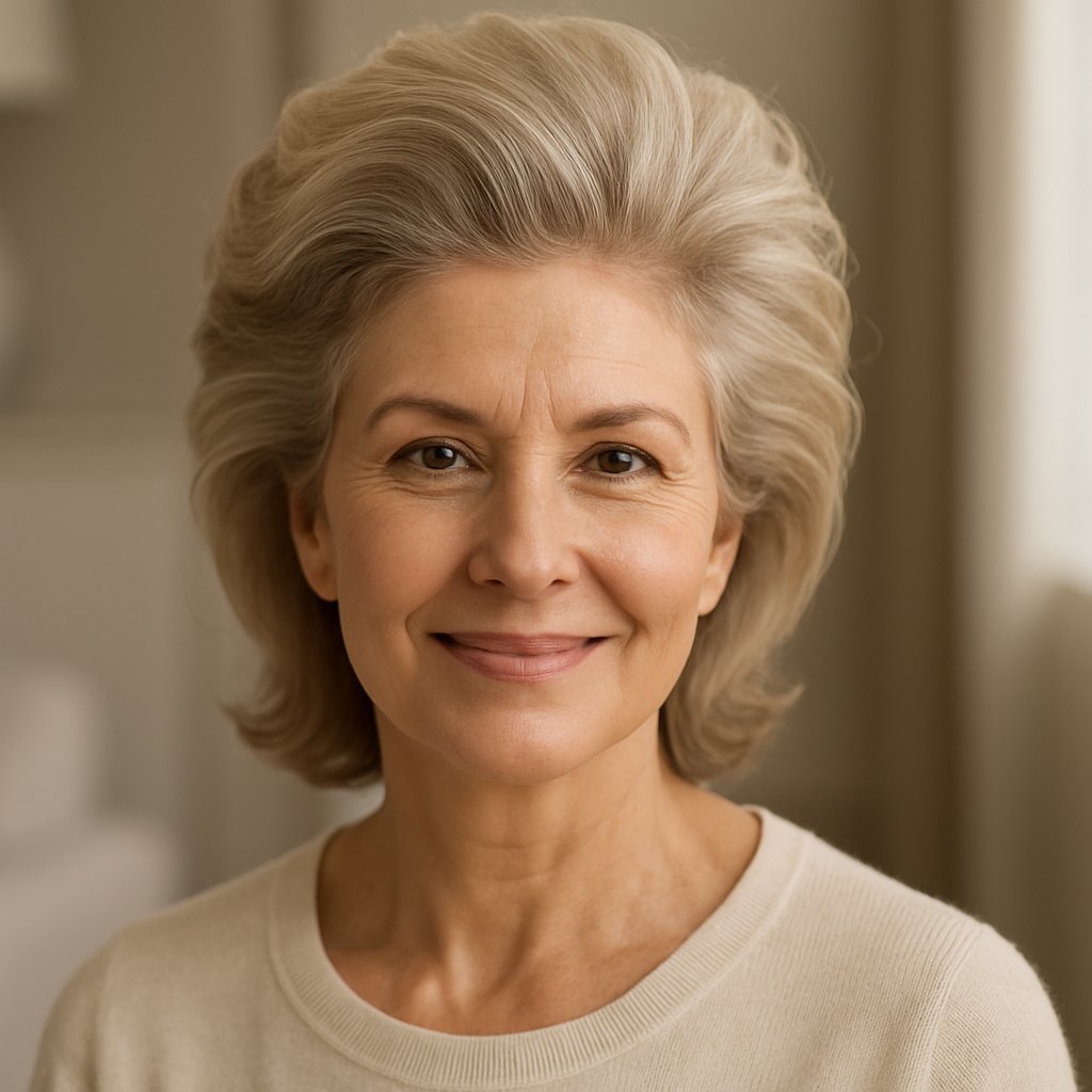 A smiling mature woman with voluminous hair styled to add lift and fullness, standing indoors in a softly lit neutral setting.