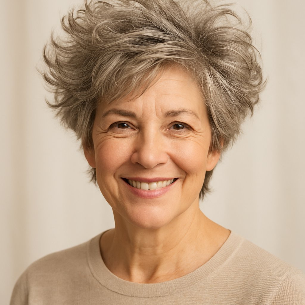 A smiling woman in her 50s with tousled, voluminous hair in a bright studio setting.
