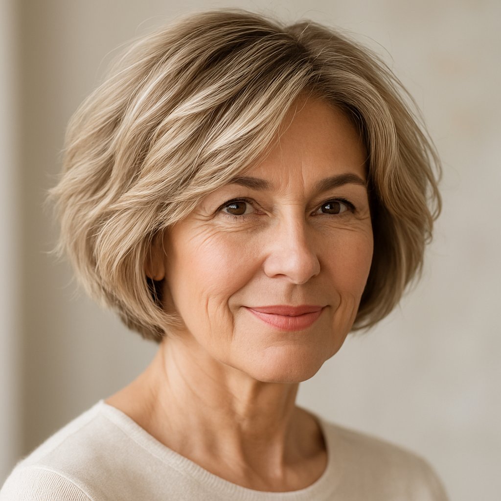 A smiling woman in her 50s with a voluminous bob hairstyle and layered hair, looking confidently at the camera against a neutral background.
