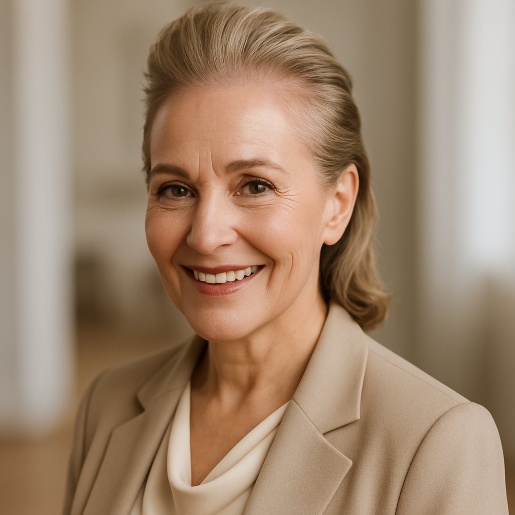 A smiling mature woman with styled hair posing indoors in soft natural light.