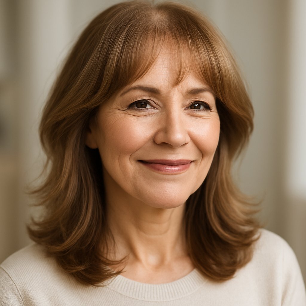 A smiling mature woman with curtain bangs framing her face and voluminous hair.