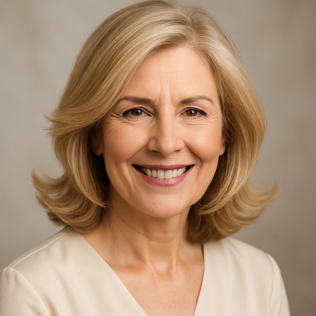 A smiling mature woman with shoulder-length hair styled with soft flip ends, looking confidently at the camera in a neutral studio setting.