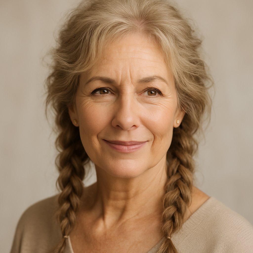 A mature woman with loose braided hair styled to add volume, smiling gently against a neutral background.