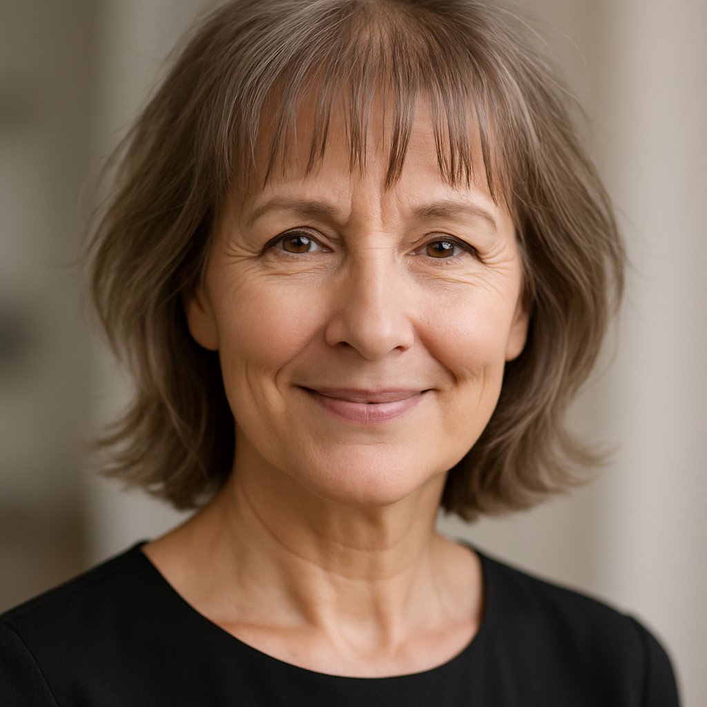 A mature woman with choppy bangs and voluminous hair smiling gently against a softly blurred background.
