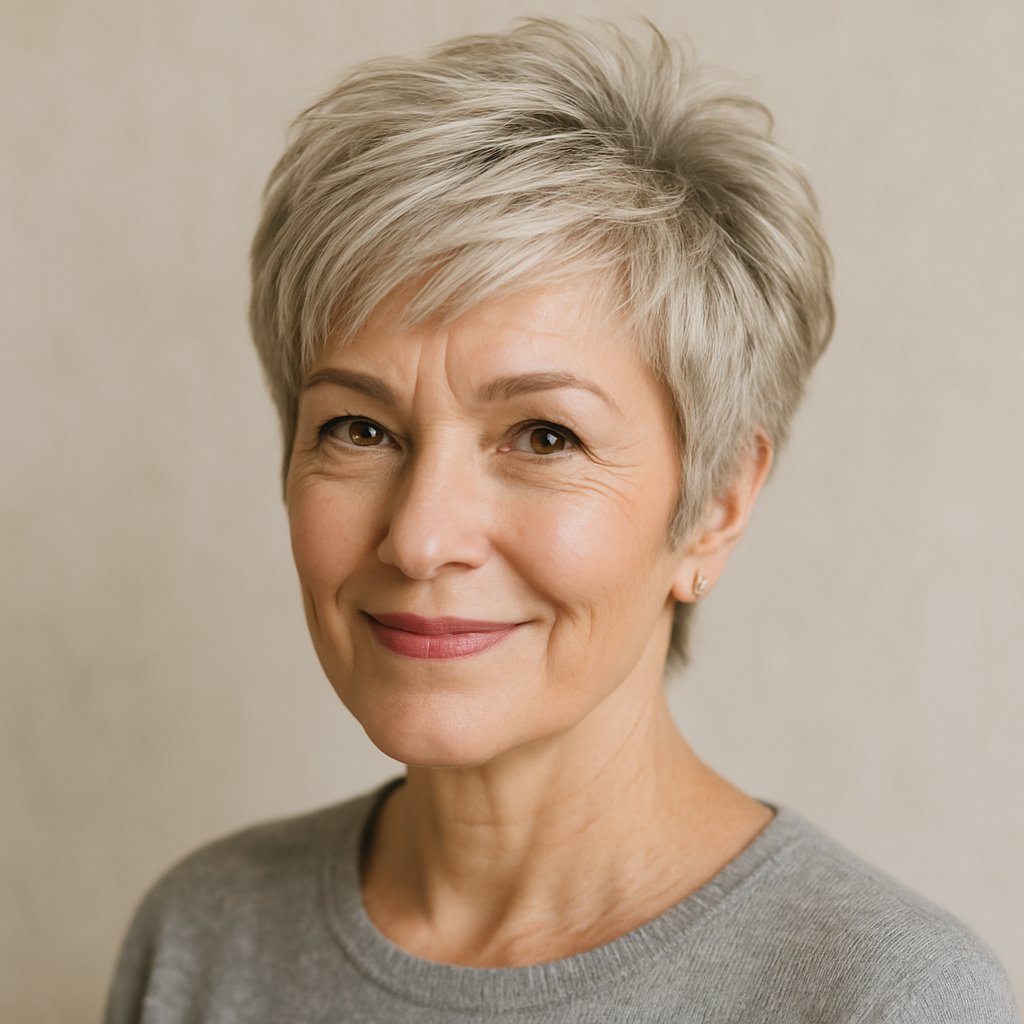 A smiling woman in her 50s with a short layered haircut that adds volume to her hair, shown against a neutral background.