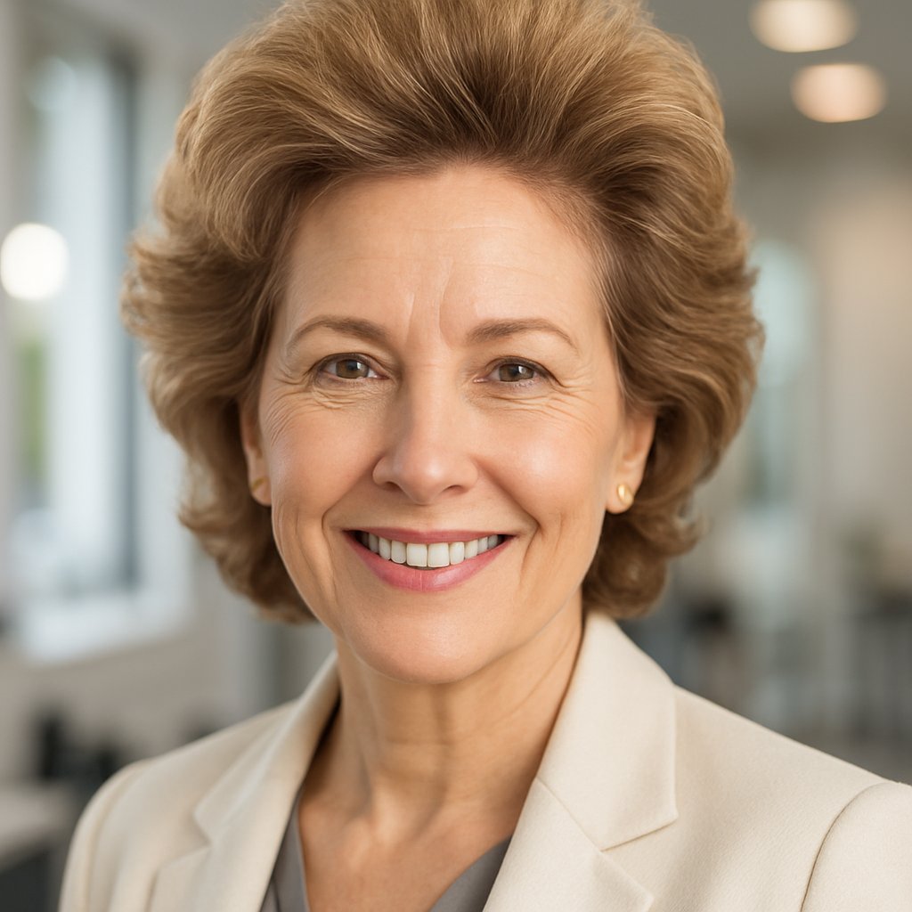A smiling mature woman with voluminous hair styled to add lift at the roots, standing in a bright indoor space.