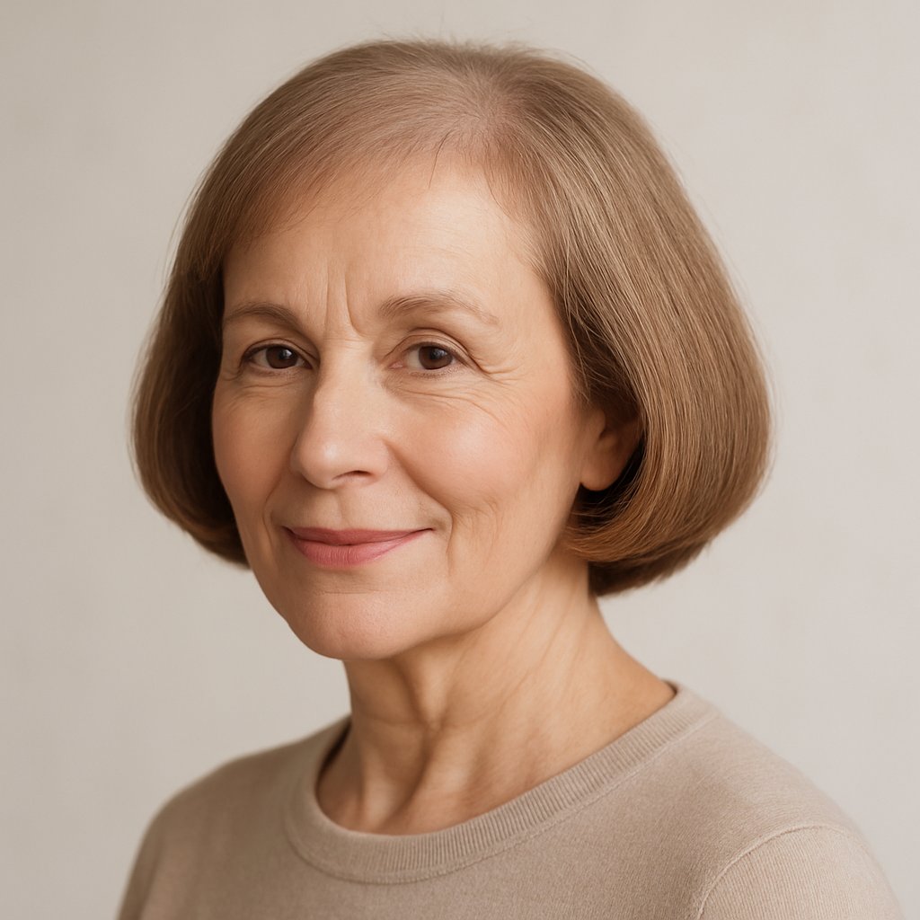 A smiling mature woman with a short haircut and slight under-curl, posing against a neutral background.