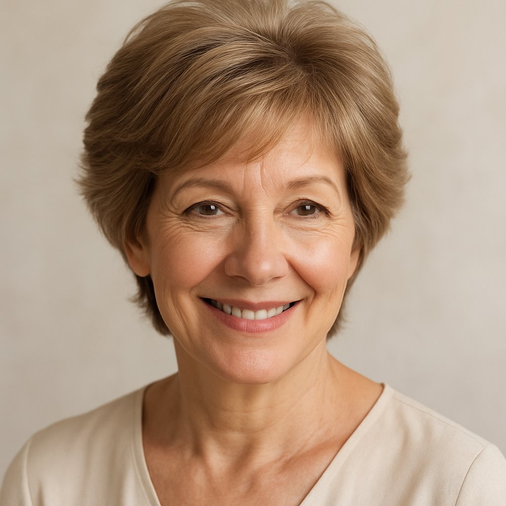 A smiling mature woman with voluminous layered hair around the crown, wearing an elegant blouse against a neutral background.
