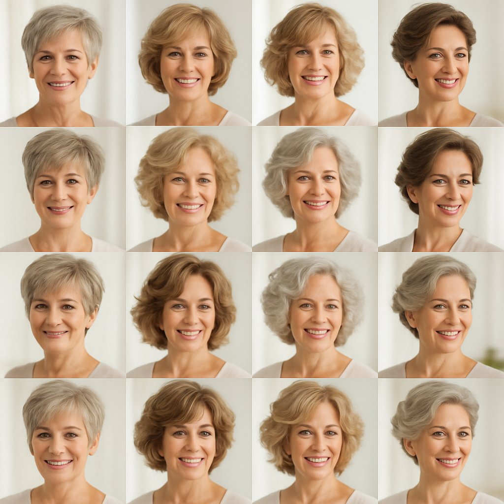 A group of mature women with various voluminous hairstyles and subtle highlights, smiling confidently in a bright studio.