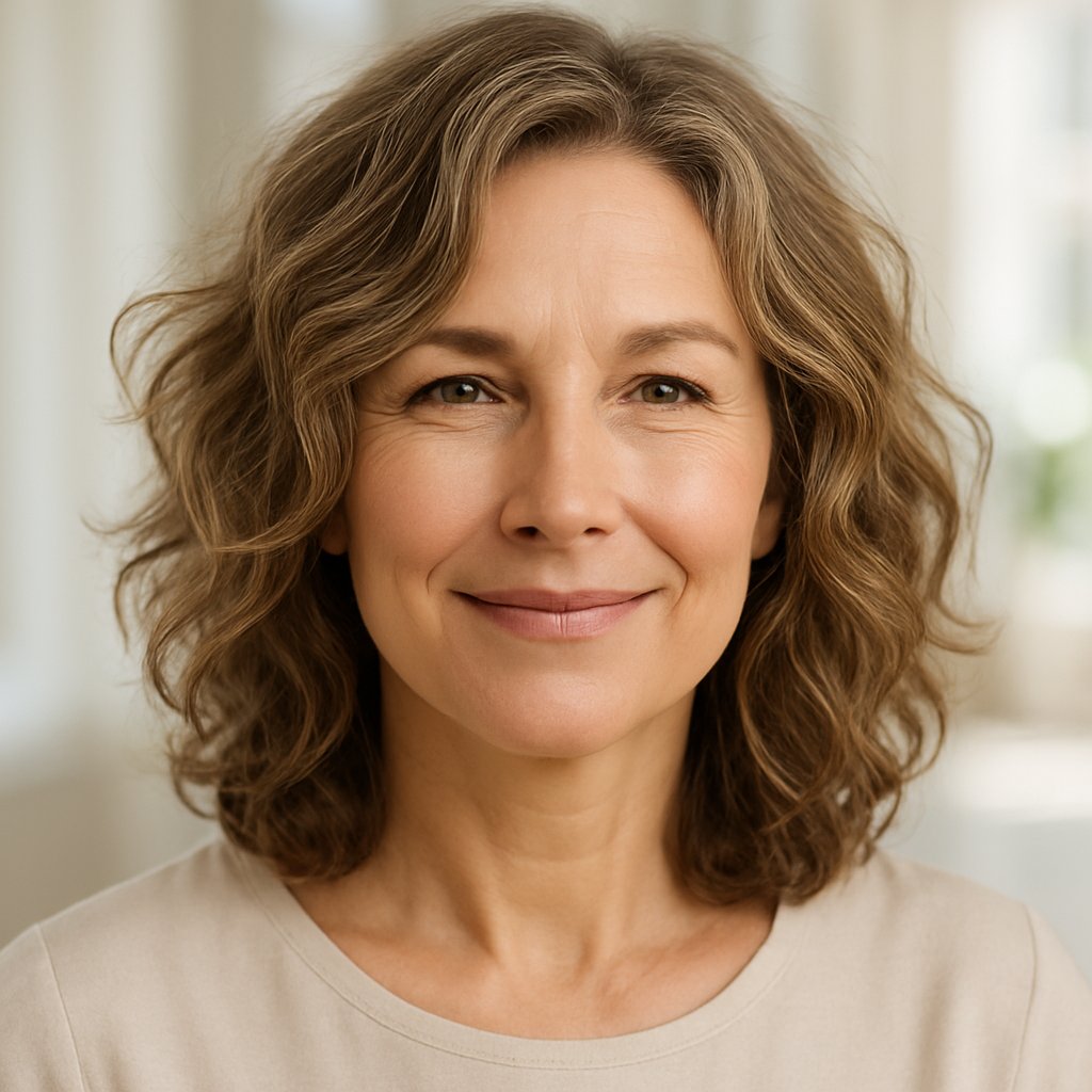A smiling mature woman with medium-length wavy hair styled to add volume, standing in a softly lit indoor setting.