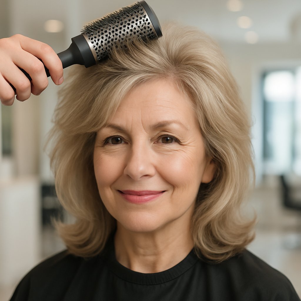 A smiling woman in her 50s with shoulder-length voluminous hair styled with a round brush in a bright hair salon.