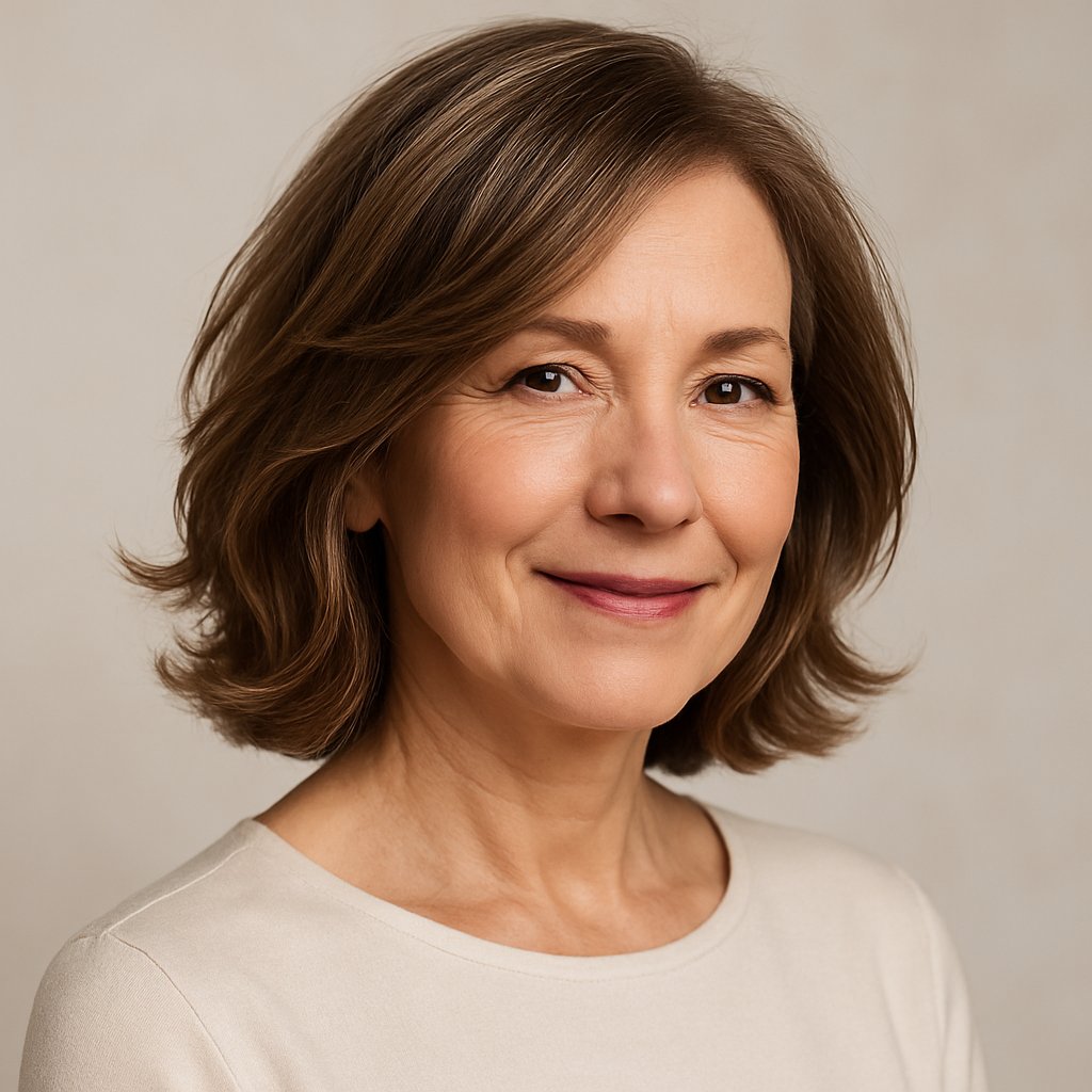 A mature woman with an asymmetrical lob hairstyle smiling against a neutral background.