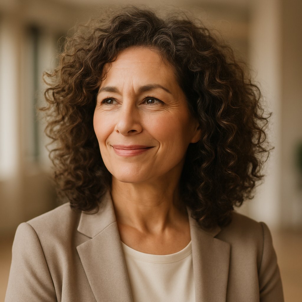 A mature woman with medium-length curly hair smiling indoors with a blurred background.