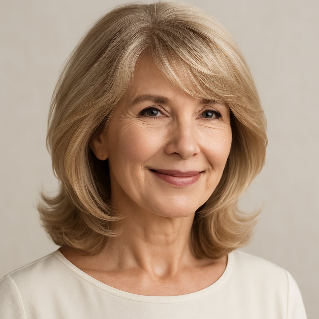 A smiling mature woman with side-swept bangs and voluminous hair looking slightly to the side against a plain background.