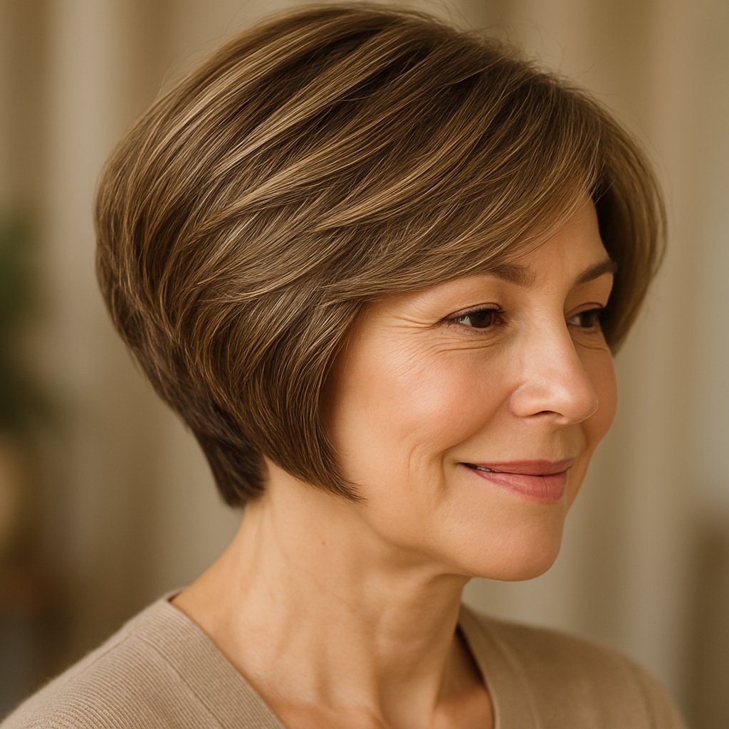 A smiling mature woman with a short layered bob hairstyle that adds volume to her hair, standing against a softly blurred background.