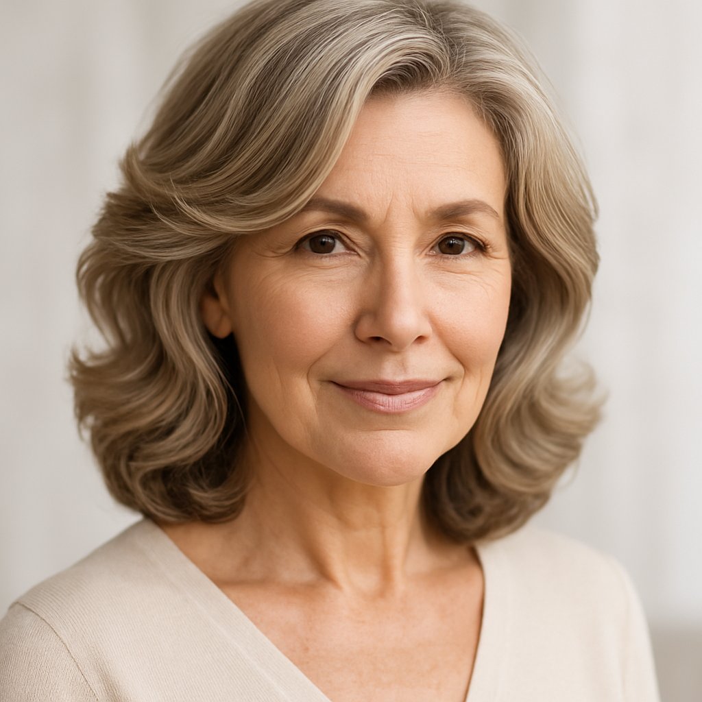 A confident mature woman with soft wavy hair and a deep side part, smiling gently against a light background.