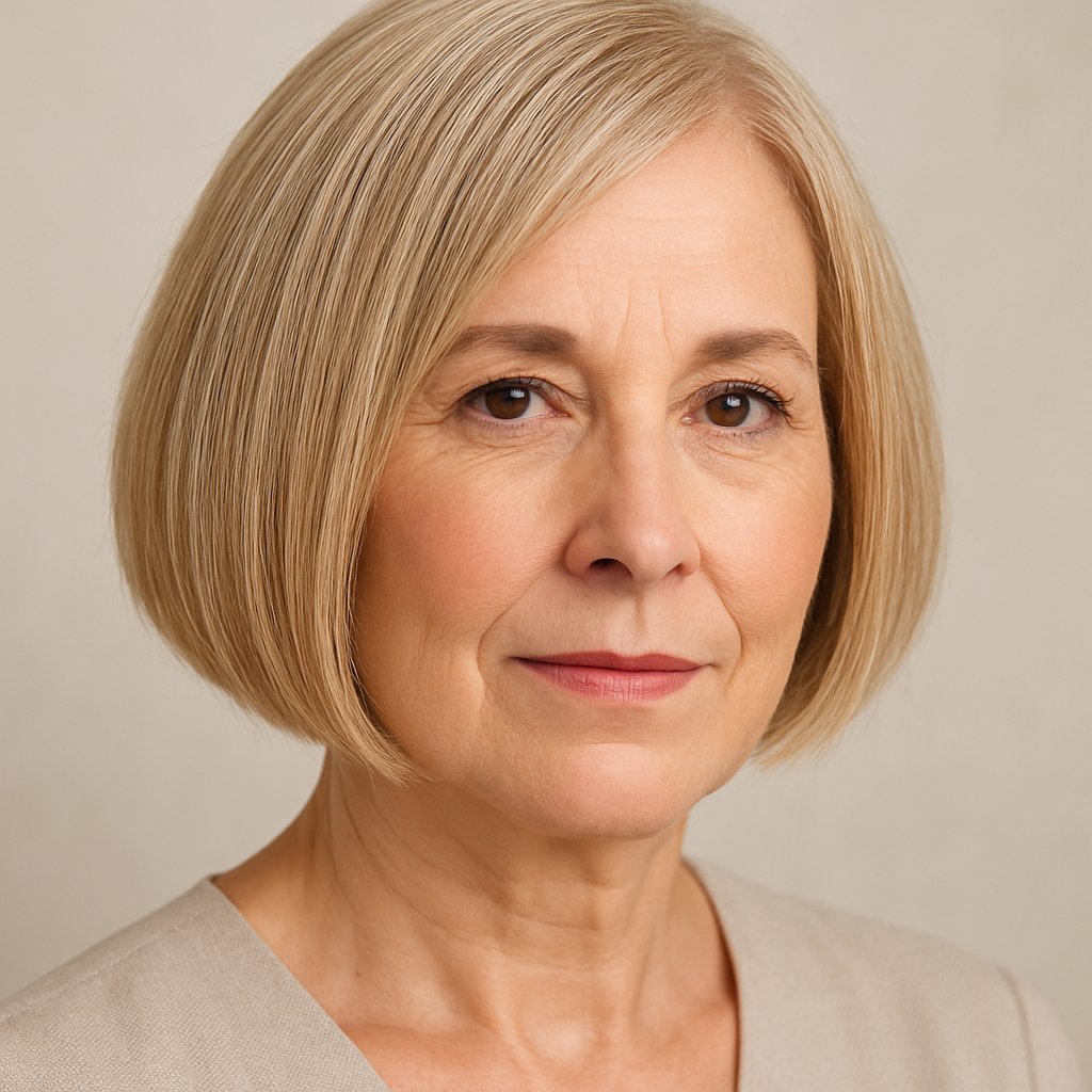 A mature woman with a chin-length blunt bob hairstyle that adds volume to thinning hair, looking confidently at the camera against a neutral background.