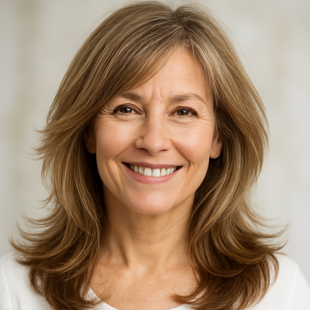 A smiling woman in her 50s with long layered hair standing against a neutral background.