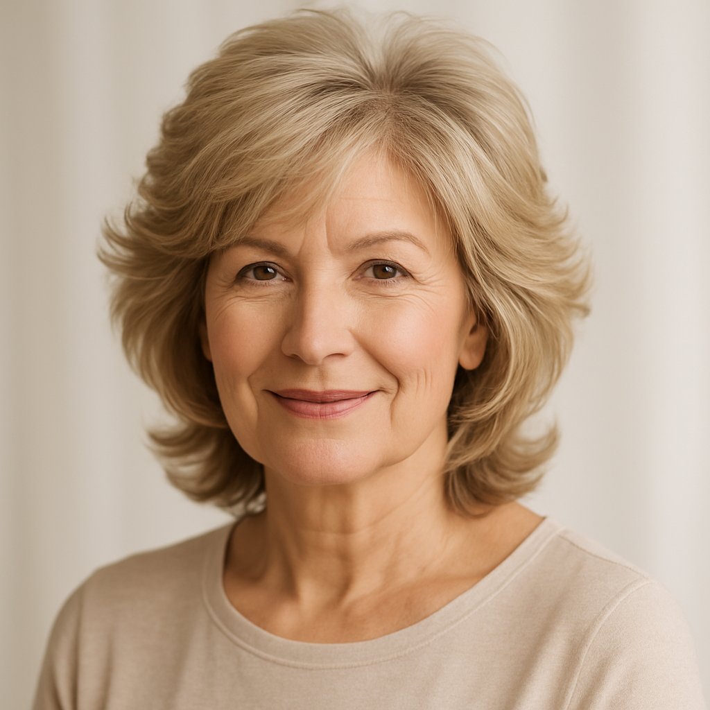 A smiling mature woman with feathered layered hair adding volume, looking confident against a neutral background.