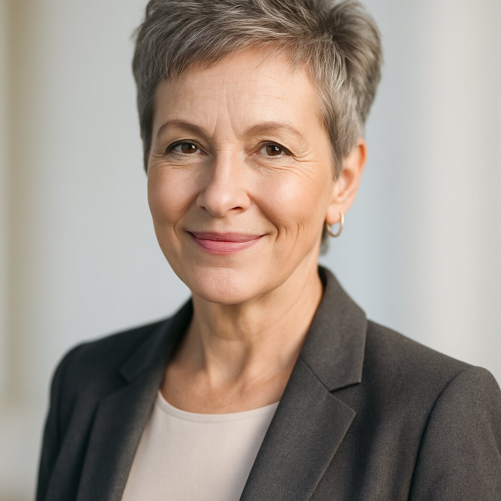 A smiling mature woman with short textured hair standing against a neutral background.