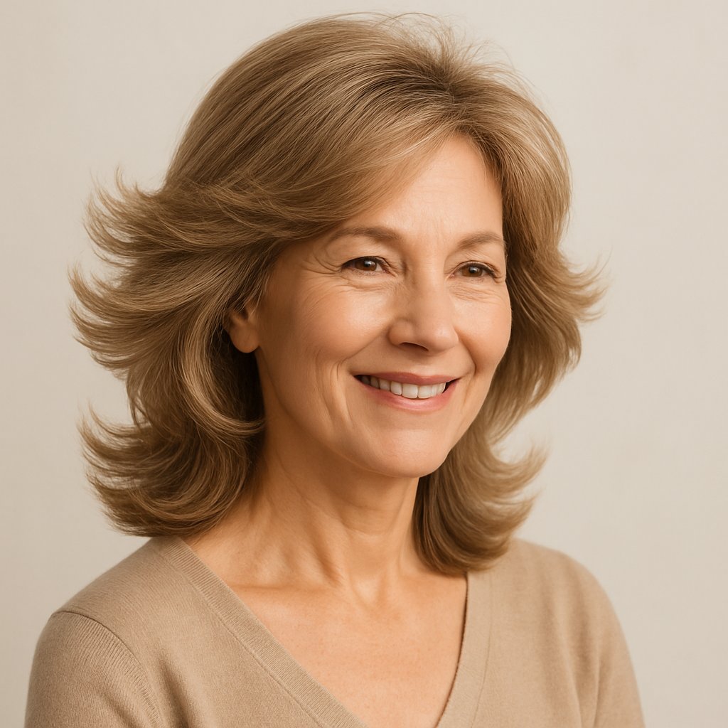 A smiling mature woman with voluminous, layered hair styled to add movement and volume, shown from the shoulders up against a neutral background.