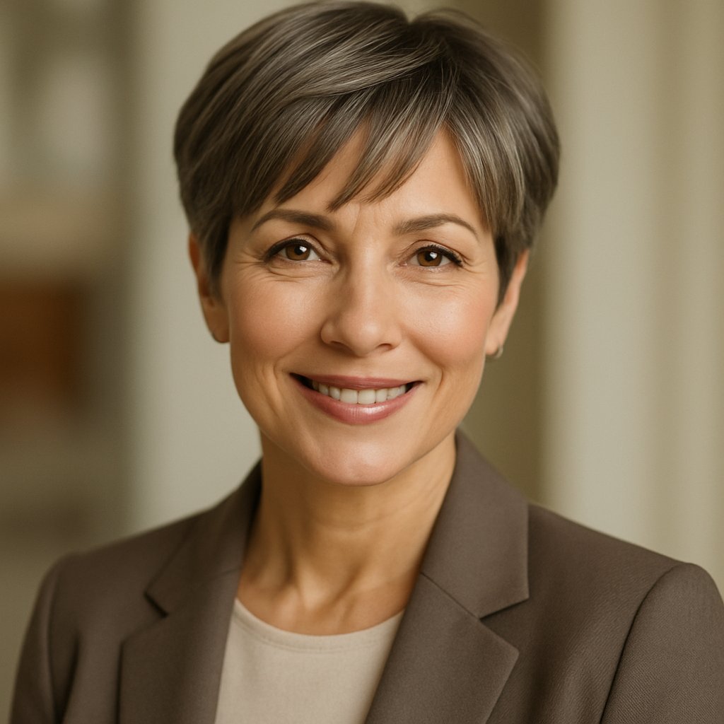 A smiling woman over 45 with a short haircut and soft bangs, looking confidently at the camera.