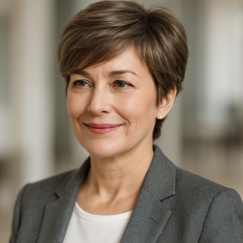 A smiling woman over 45 with a grown-out pixie haircut looking slightly off-camera in a softly blurred neutral background.