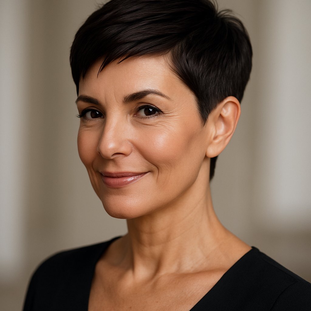 A smiling woman over 45 with a short, neatly styled haircut looking confidently at the camera.