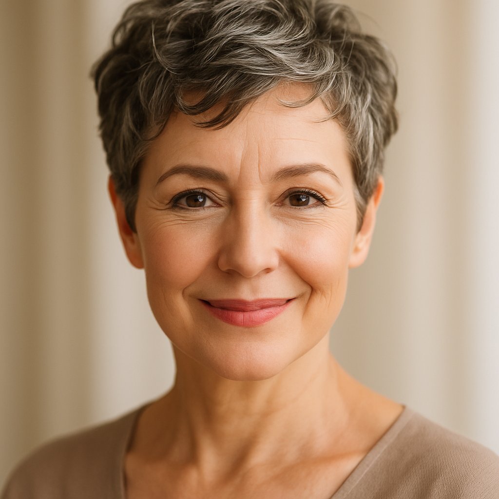 A smiling woman over 45 with short wavy hair, looking confidently at the camera against a softly blurred background.