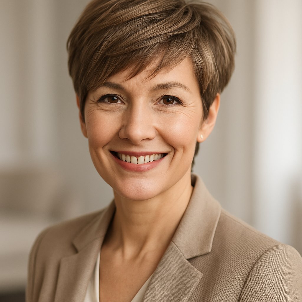 A smiling woman over 45 with a short pixie haircut and wispy side bangs, wearing elegant clothing against a softly blurred background.