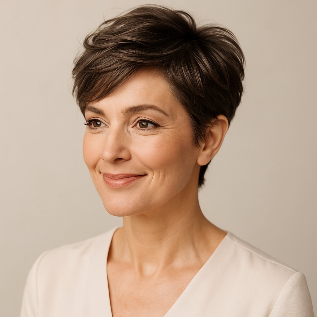 A smiling mature woman with a short tousled haircut and deep side part, looking slightly away from the camera against a plain background.