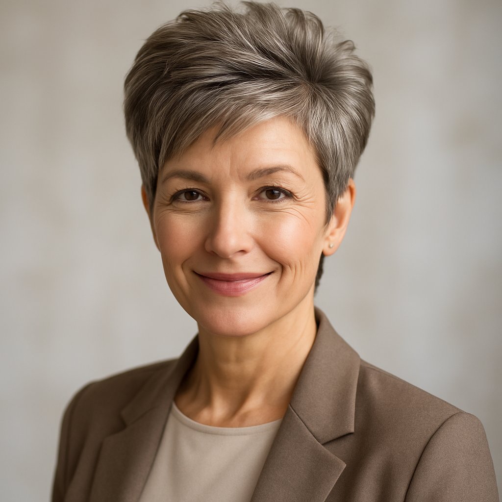 A mature woman with a short pixie haircut and voluminous roots smiling gently against a soft background.