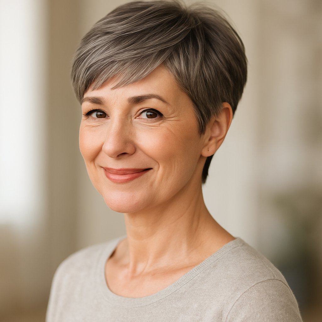 A smiling woman over 45 with a short tapered pixie haircut looking confidently at the camera.