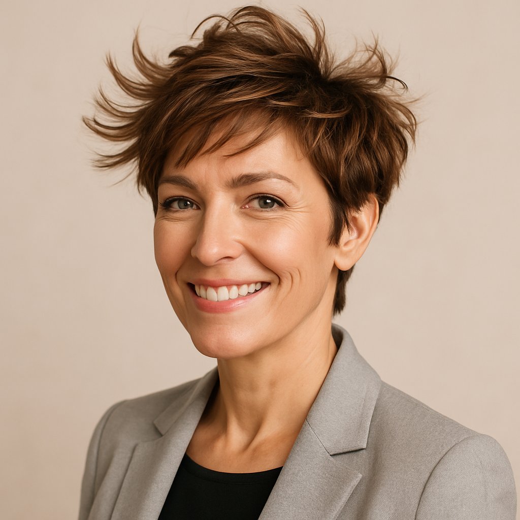 A smiling woman over 45 with a short, tousled haircut standing against a plain background.