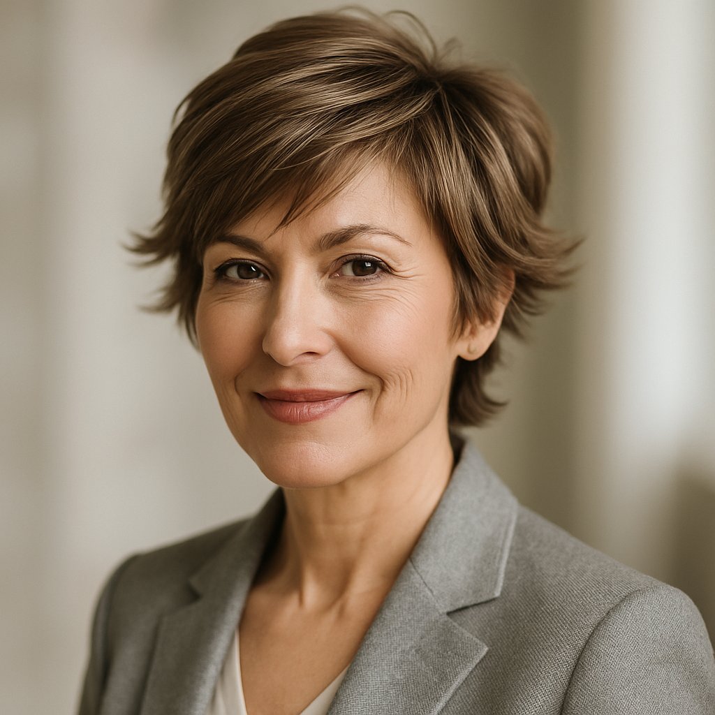 A smiling mature woman with a short layered haircut and flicked-out ends, looking confidently at the camera.