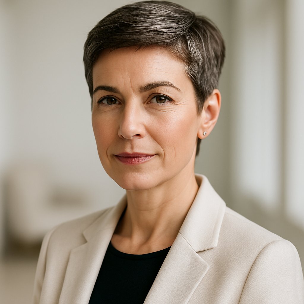 A confident woman over 45 with a short pixie haircut smiling softly against a blurred background.