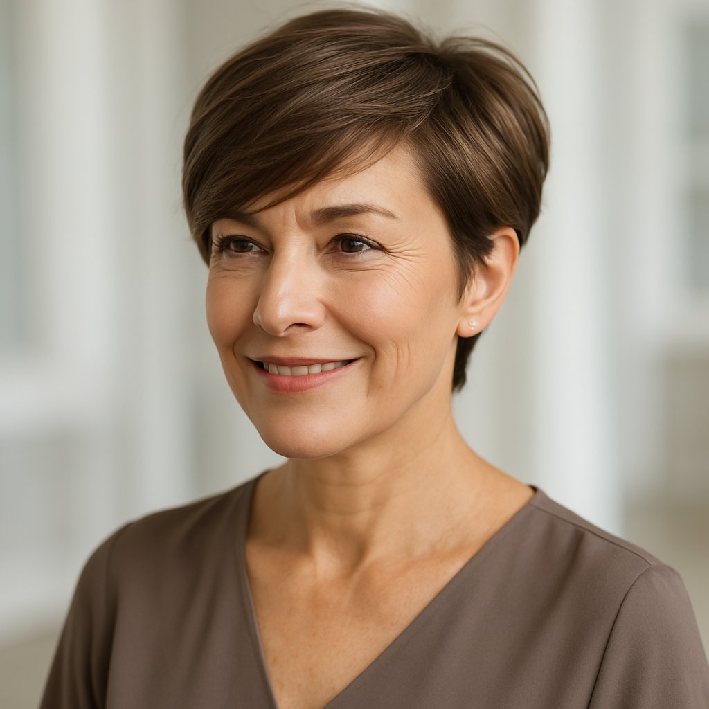 A smiling middle-aged woman with a short layered haircut looking slightly to the side in a bright indoor setting.