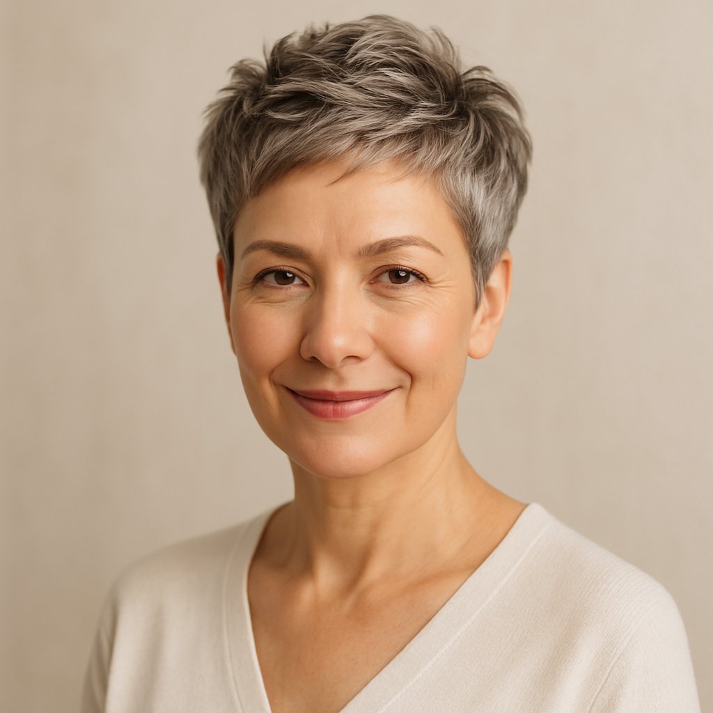 A smiling woman over 45 with a short textured pixie haircut posing against a neutral background.