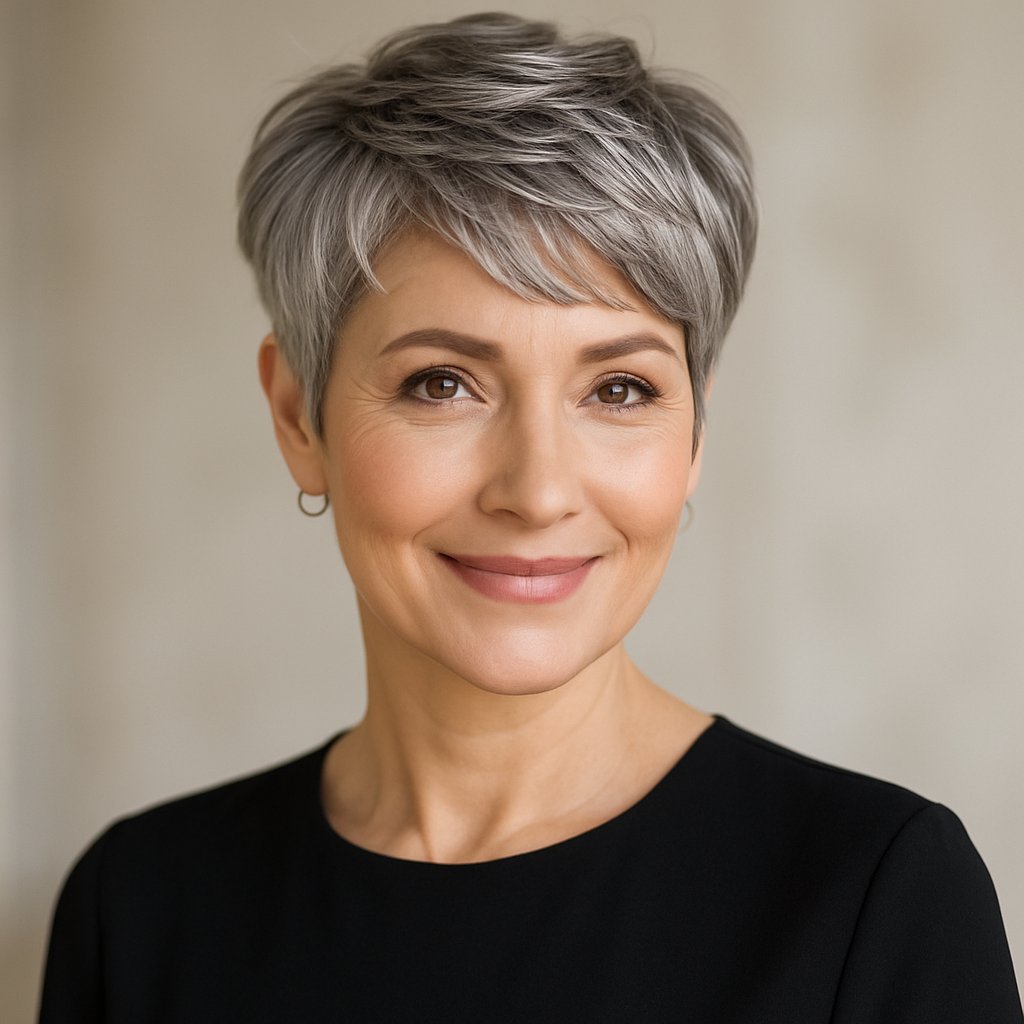 A smiling mature woman with a short pixie haircut and face-framing strands, looking confidently at the camera.