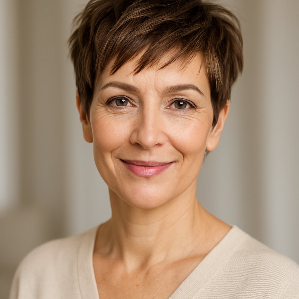 A smiling woman over 45 with a short layered haircut posing against a neutral background.