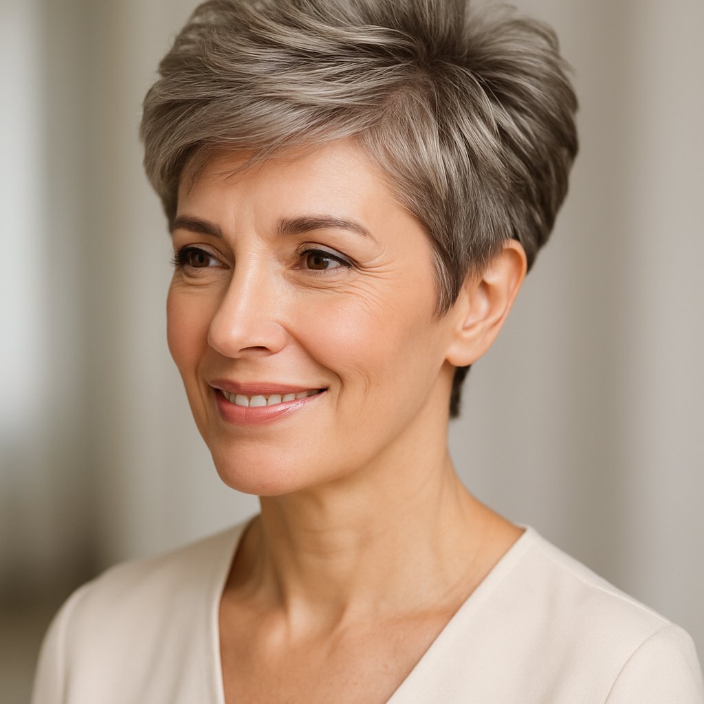 A smiling woman over 45 with a short layered pixie haircut, looking slightly to the side against a blurred neutral background.