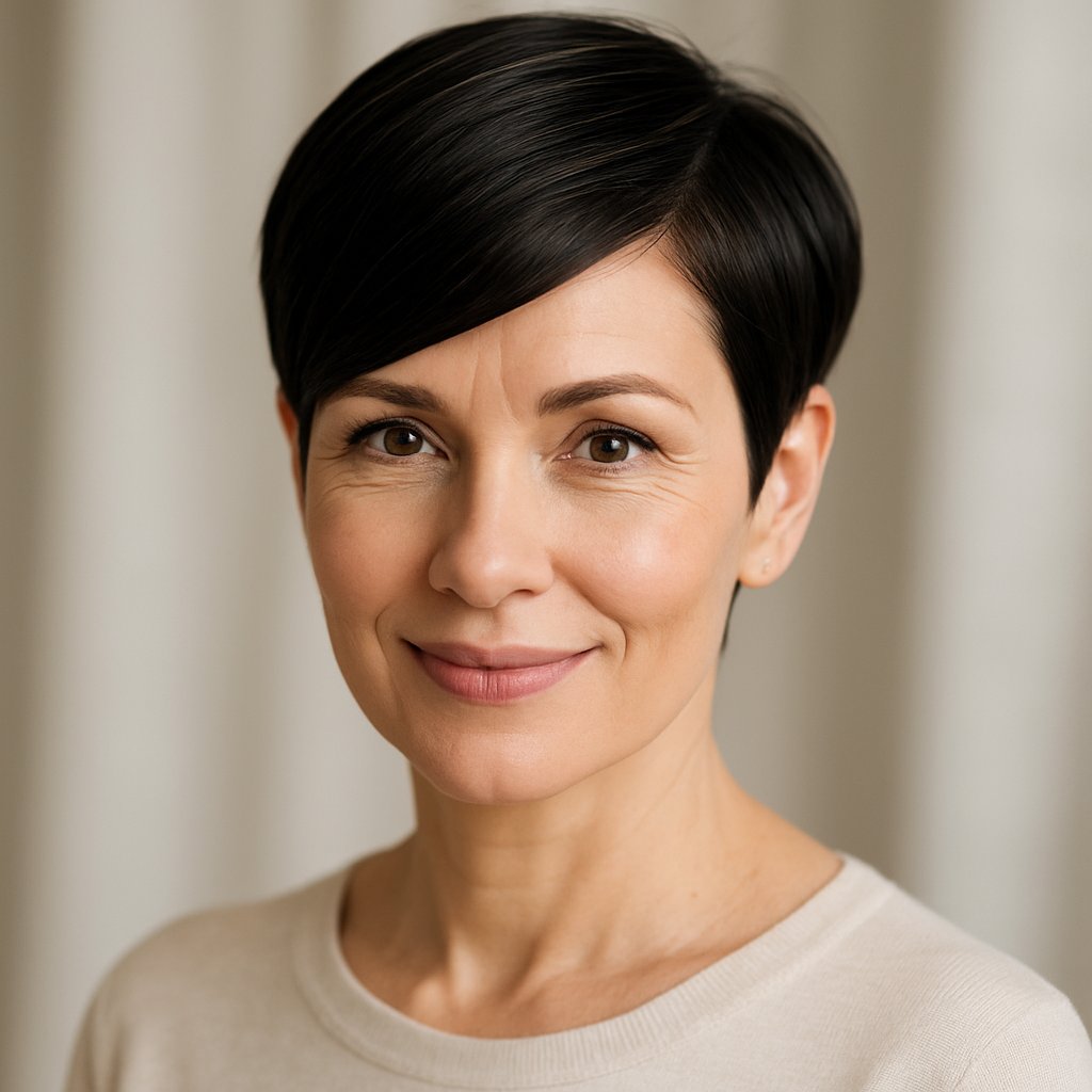 Portrait of a smiling middle-aged woman with short hair and a side part, looking confidently at the camera.