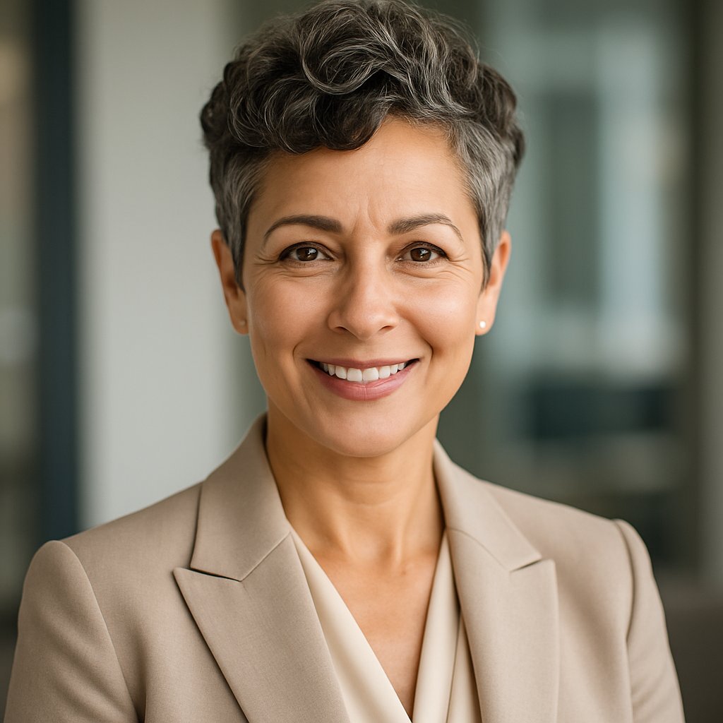 A smiling woman over 45 with a short curly hairstyle, wearing a stylish outfit against a softly blurred background.