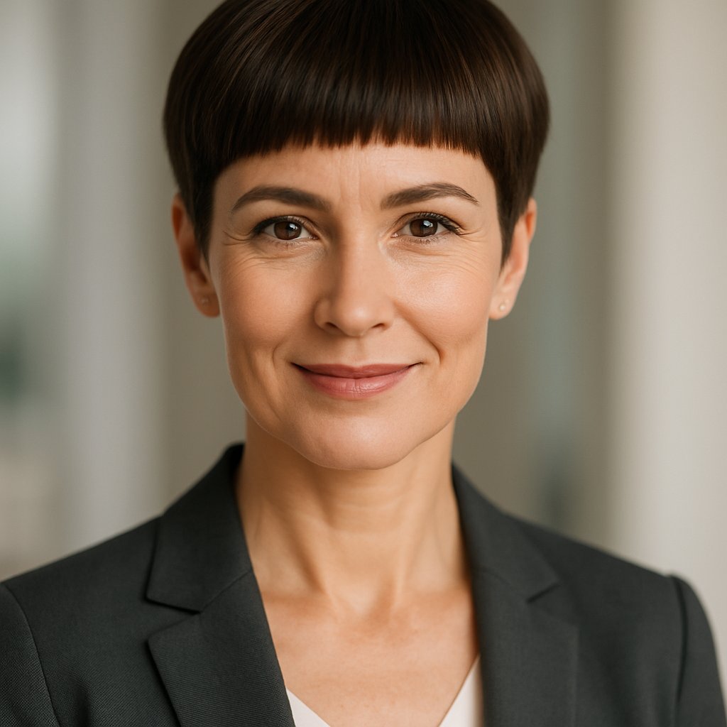 Portrait of a smiling middle-aged woman with short hair against a neutral background.