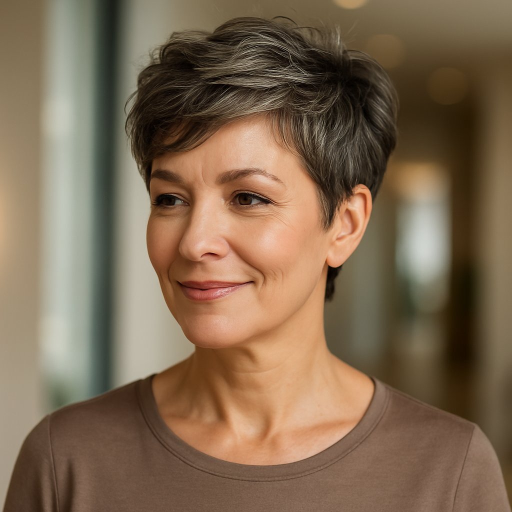 A smiling woman over 45 with a short tousled pixie haircut looking slightly to the side in a softly lit indoor setting.